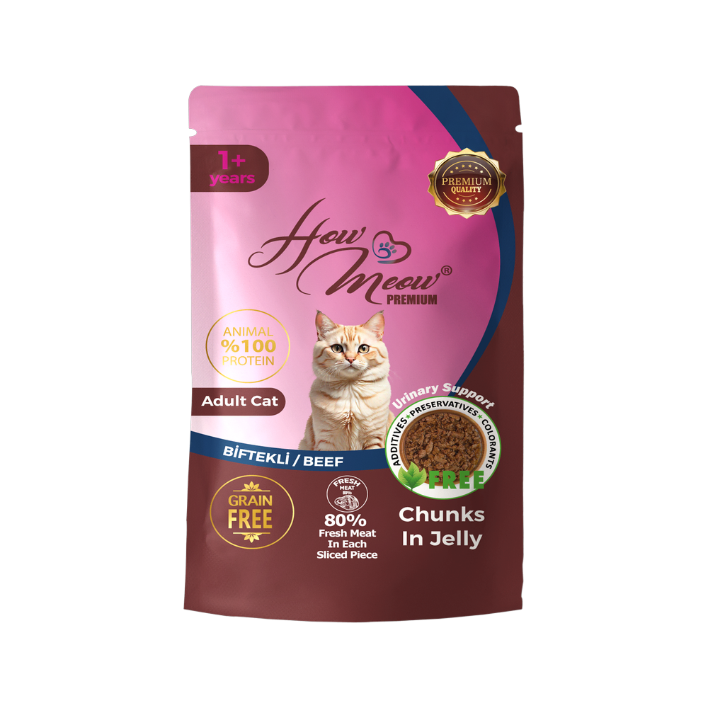 HowMeow Yetişkin Kediler için Biftekli Chunks In Jelly Pouch Tam Yaş Mama
